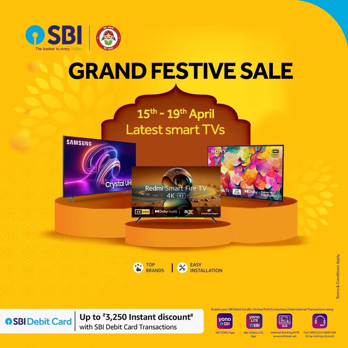 Great entertainment, Greater discounts*! Save big on buying Smart TVs with SBI Debit Card.   To know more, visit: bank.sbi/web/personal-b…   *Terms & Conditions Apply!    #SBI #TheBankerToEveryIndian #Discounts #DebitCardOffers #SBIDebitCard