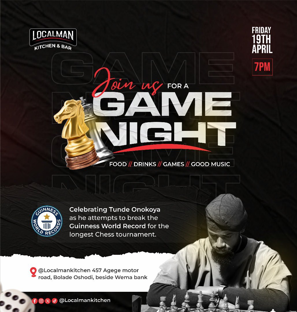 SELE_Eclectic's tweet image. It is always a pleasure to watch us, Nigerians break records and achieve greatness. As we have only ourselves to cheer us on, let's amplify our voices louder than ever.Come join us today @localmankitchen as we celebrate  Tunde Onakoya’s endeavor to set a new Guinness World Record