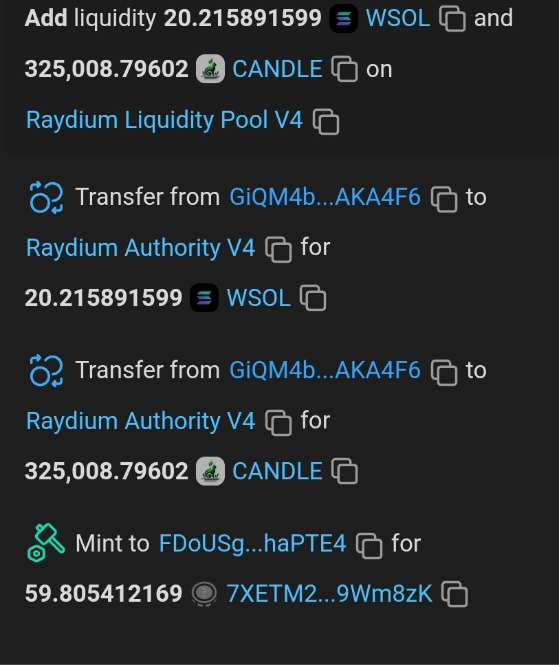Added 100 Sol worth liquidity on <a href="/CandleOnSol/">Candle Cat</a> from one of my addresses. We are now 5 whales together and will be joined by the rest soon and we will take it to exchanges and other CTs. 
No one from the admin team is part of the whale group upto now.
