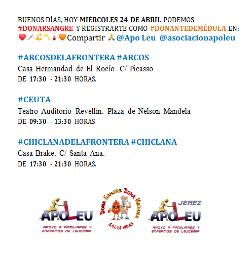 MIÉRCOLES 24 DE ABRIL PUEDE #DONARSANGRE Y REGISTRARSE COMO #DONANTEDEMÉDULA
@ApoLeu EN ❤️💉💪〽️🌡🧡 RT🙏

#CHICLANADELAFRONTERA #CHICLANA
@ayto_chiclana @deportechiclana @boxchiclana @chiclana @chiclanafm @8chiclana

#DONASANGRE #DONAMÉDULA #SALVAVIDAS #REGALALATIDOS