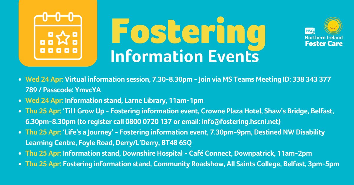 Lots more fostering events this week! Whatever your question or query, we’re here to help ☺️ We regularly add new events to our calendar - visit adoptionandfostercare.hscni.net/upcoming-foste… for full details. #CouldYouFoster #HSCNIFosterCare