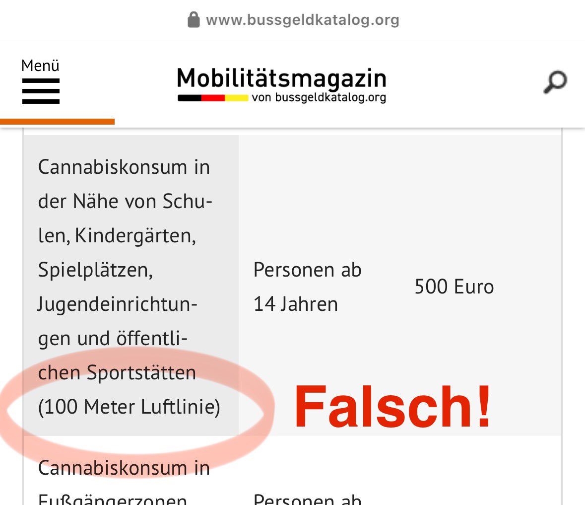 Vorsicht Falschmeldung:
Aktuell kursiert das Gerücht, Bayern habe das Konsumverbot § 5 II KCanG auf pauschal 100m ausgeweitet.
In Bayern gilt wie bundesweit § 5 II KCanG, also Sichtweite höchstens jedoch 100m.

„Wer entgegen § 5 Absatz 2 Cannabis
konsumiert.“: 500 Euro