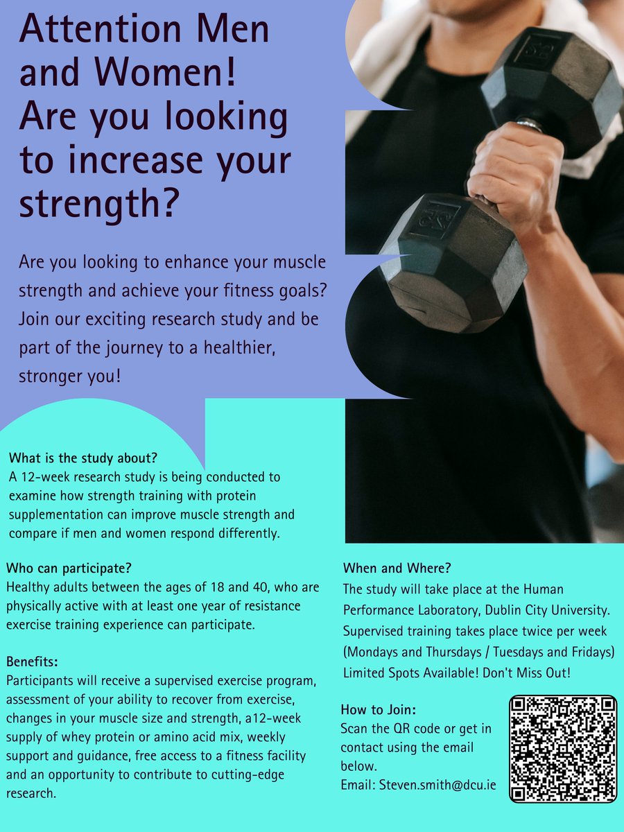 We are recruiting for an exciting new study here at @dcu_shhp If you fit the criteria and want to receive 12 weeks supervised training then simply follow the QR code in the poster of express interest via email to: steven.smith@dcu.ie #dcushhp