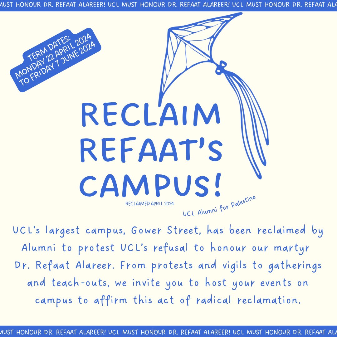 MileMilenica's tweet photo. 💌 ANNOUNCEMENT 💌

Monday is the first day of term on Refaat’s Campus (reclaimed April 2024) 🪁

Keep an eye out for events and teach-outs honouring Dr Refaat Alareer on his campus 🕊️

I’ll see you there ❤️‍🔥

(1/2)
#LetItBeATale #UCLAlumniForPalestine https://t.co/l7IqzMF567