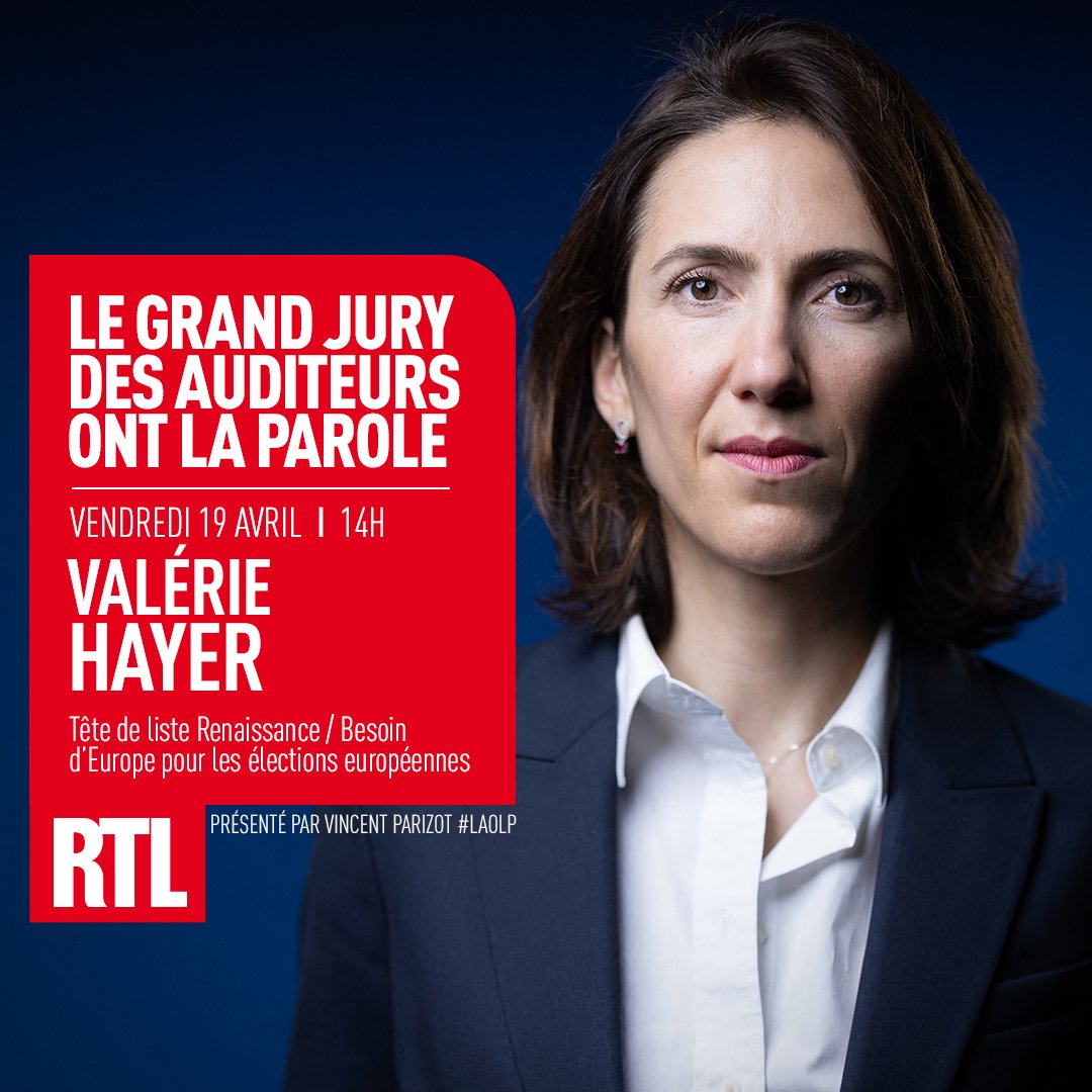 🇪🇺🗳️🎙️ Aujourd'hui, à partir de 14h, dans 'Le Grand Jury des Auditeurs' : @ValerieHayer, tête de liste Renaissance pour les élections européennes, invitée de @vincent_parizot et @LisaMarieMrqs dans #LAOLP