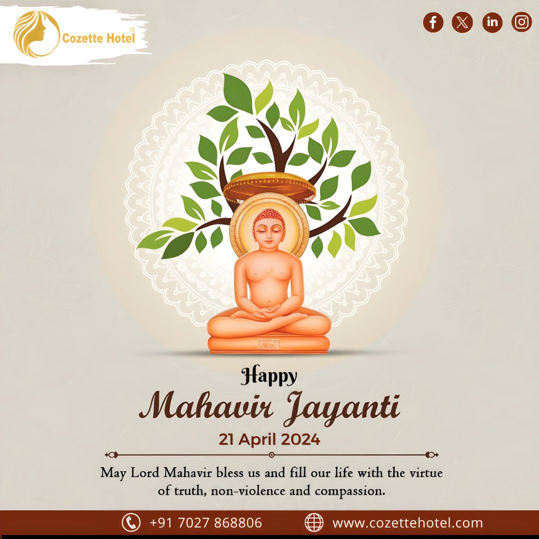 Let's celebrate the birth of Lord Mahavir, an epitome of peace and non-violence. May his teachings guide us towards a brighter future. 🙏🕉️ 
.
.
.
#MahavirJayanti #NonViolence 
#SpiritualJourney #Blessings
#BesthotelinSonipat
#BesthotelinSonipat 
#CozetteHotel