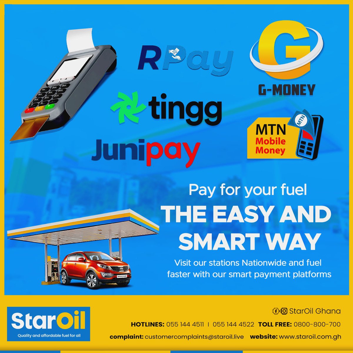Enrich your experience with a diversity of E-payment options anytime you visit any of our outlets nationwide. 

Drive by and let’s fuel your ride the easy and smart way.

#EveryDropCounts
#QualityYouCanAfford
#StarOilGhana
#IamAStarSaver