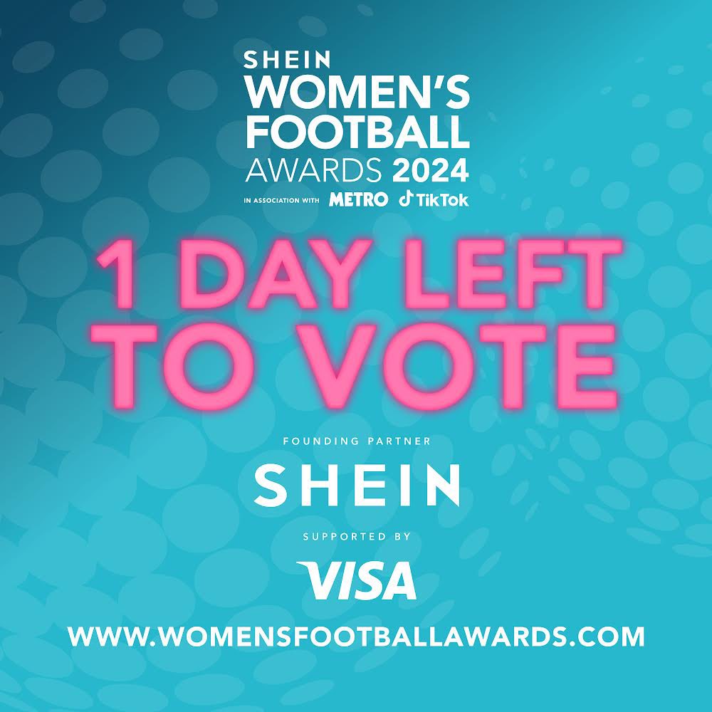 Only 1 DAY LEFT 🏆⚽️ Don’t miss out – let’s honour the game-changers at the 2024 Women’s Football Awards. GO VOTE NOW! 🗳️💥 #WFA24