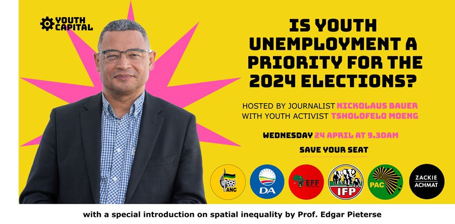 @YouthCapitalSA will be chatting to @myanc_, @our_da, @inkathafreedomparty @mypaconline and @zackie2024 on Wednesday, 24 April at 9:30 A.M. Save your seat here: zoom.us/webinar/regist… #SAelections2024