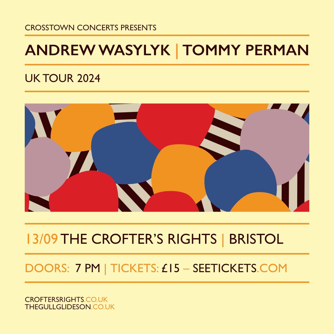 Tickets are on sale now for Andrew Wasylyk and Tommy Perman @Crofters_Rights on the 13th September. crosstownconcerts.seetickets.com/event/andrew-w…