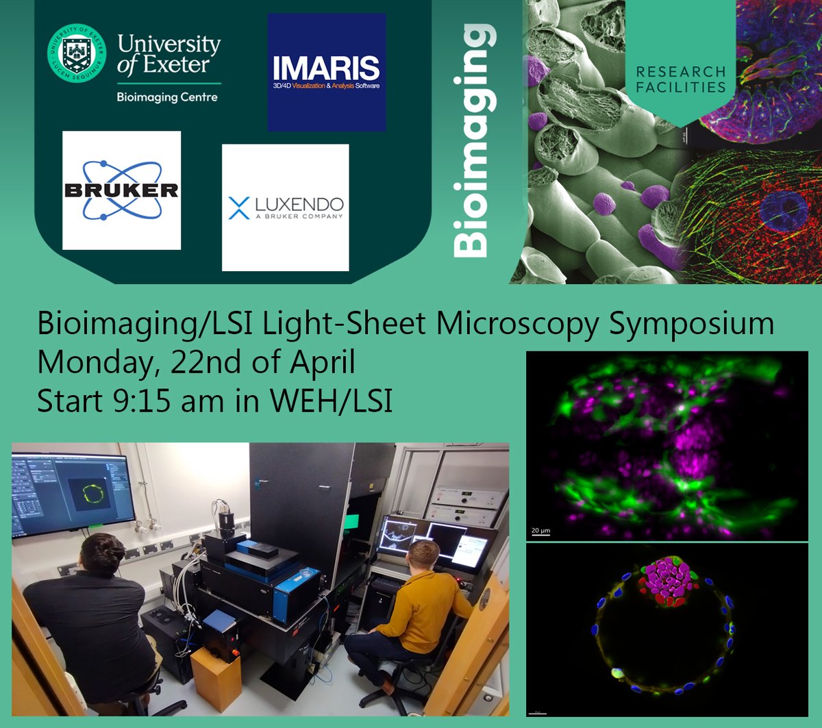 Bioimaging Centre UOE (@uoebioimaging) on Twitter photo Please join us all for our upcoming Light-Sheet Microscopy Symposium this coming Monday to celebrate the launch of our new Light-Sheet/Two-Photon system! A day of exciting speakers and networking!
<a href="/bruker/">Bruker</a> <a href="/luxendo/">LUXENDO GmbH</a> <a href="/ImarisSoftware/">Imaris 3D/4D Imaging</a> <a href="/LSI_Exeter/">LSI Exeter</a> <a href="/uniofexeHLS/">University of Exeter Faculty of Health & Life Sci</a> <a href="/UoEBiosciences/">Exeter Biosciences</a> Please join us all for our upcoming Light-Sheet Microscopy Symposium this coming Monday to celebrate the launch of our new Light-Sheet/Two-Photon system! A day of exciting speakers and networking!
<a href="/bruker/">Bruker</a> <a href="/luxendo/">LUXENDO GmbH</a> <a href="/ImarisSoftware/">Imaris 3D/4D Imaging</a> <a href="/LSI_Exeter/">LSI Exeter</a> <a href="/uniofexeHLS/">University of Exeter Faculty of Health & Life Sci</a> <a href="/UoEBiosciences/">Exeter Biosciences</a>