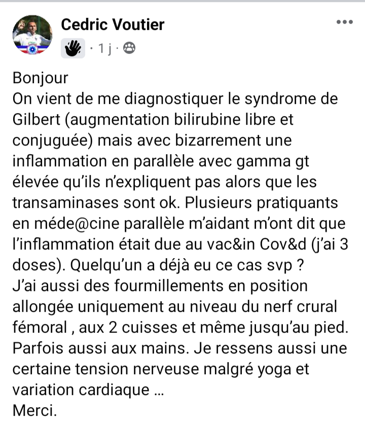 TÉMOIGNAGE n°5257 #effetsindesirables #CovidVaccine (22 février 2024)
« ...syndrome de Gilbert... » : 
catholique.forumactif.com/t993p930-les-p…

#EffetsSecondairesvaccins19 #VaccineDeaths #VaccineSideEffects