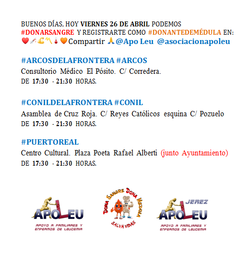 VIERNES 26 DE ABRIL PUEDE #DONARSANGRE Y REGISTRARSE COMO #DONANTEDEMÉDULA
@ApoLeu EN ❤️💉💪〽️🌡🧡 RT🙏

#ARCOSDELAFRONTERA #ARCOS
@ArcosCiudad @manuel19591 @Arcosenlared @arcos_digital @ismaelito

#DONASANGRE #DONAMÉDULA #SALVAVIDAS #REGALALATIDOS