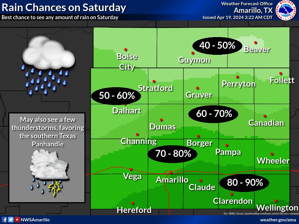 Friday night through Saturday night features a chance for showers and perhaps a rumble of thunder, with the best chance for rain in the southern Texas Panhandle throughout the daytime hours on Saturday. Severe thunderstorms are not expected at this time #phwx #TXwx #OKwx