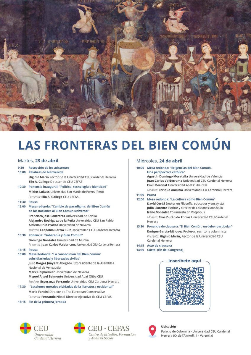 CEFAS (@cefas_ceu) on Twitter photo 📢 La próxima semana estaremos en Valencia celebrando la jornada "Las fronteras del Bien Común" junto a la <a href="/uchceu/">Universidad CEU UCH</a>.
🎯 Grandes pensadores reflexionarán sobre el Bien Común en la sociedad. ¡Te esperamos!
🗓️ 23 y 24 de abril
📍 Palacio de Colomina
📲 cefas.ceu.es/evento/jornada… 📢 La próxima semana estaremos en Valencia celebrando la jornada "Las fronteras del Bien Común" junto a la <a href="/uchceu/">Universidad CEU UCH</a>.
🎯 Grandes pensadores reflexionarán sobre el Bien Común en la sociedad. ¡Te esperamos!
🗓️ 23 y 24 de abril
📍 Palacio de Colomina
📲 cefas.ceu.es/evento/jornada…