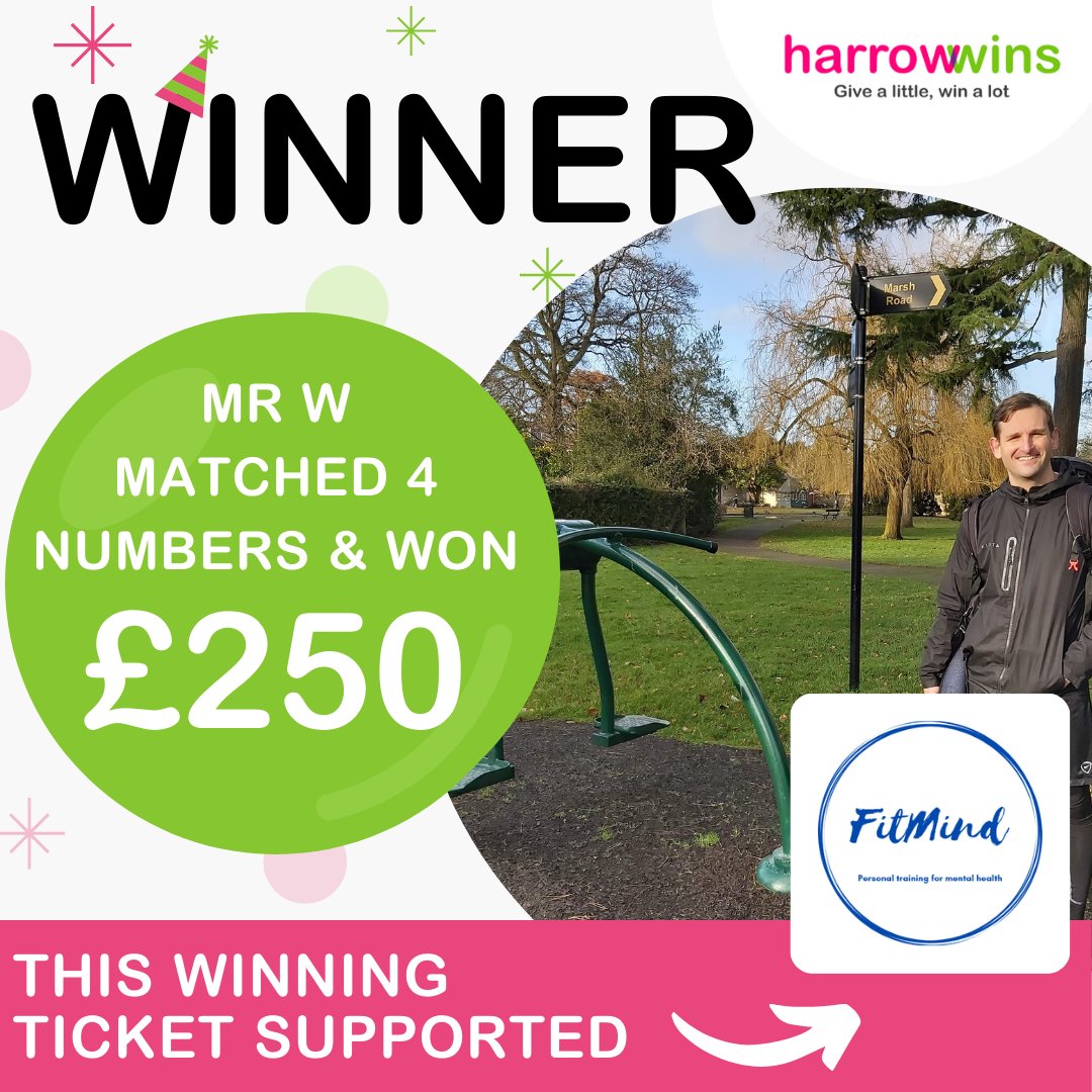 Congratulations to Mr W for winning £250 from @HarrowWins 🎉supporting <a href="/FitMindUK/">FitMind</a> 
Want the chance of winning and helping a local good cause too?
At least 60% from each ticket sold goes to support Harrow, and there's a £25,000 jackpot to be won every week!
harrowwins.co.uk