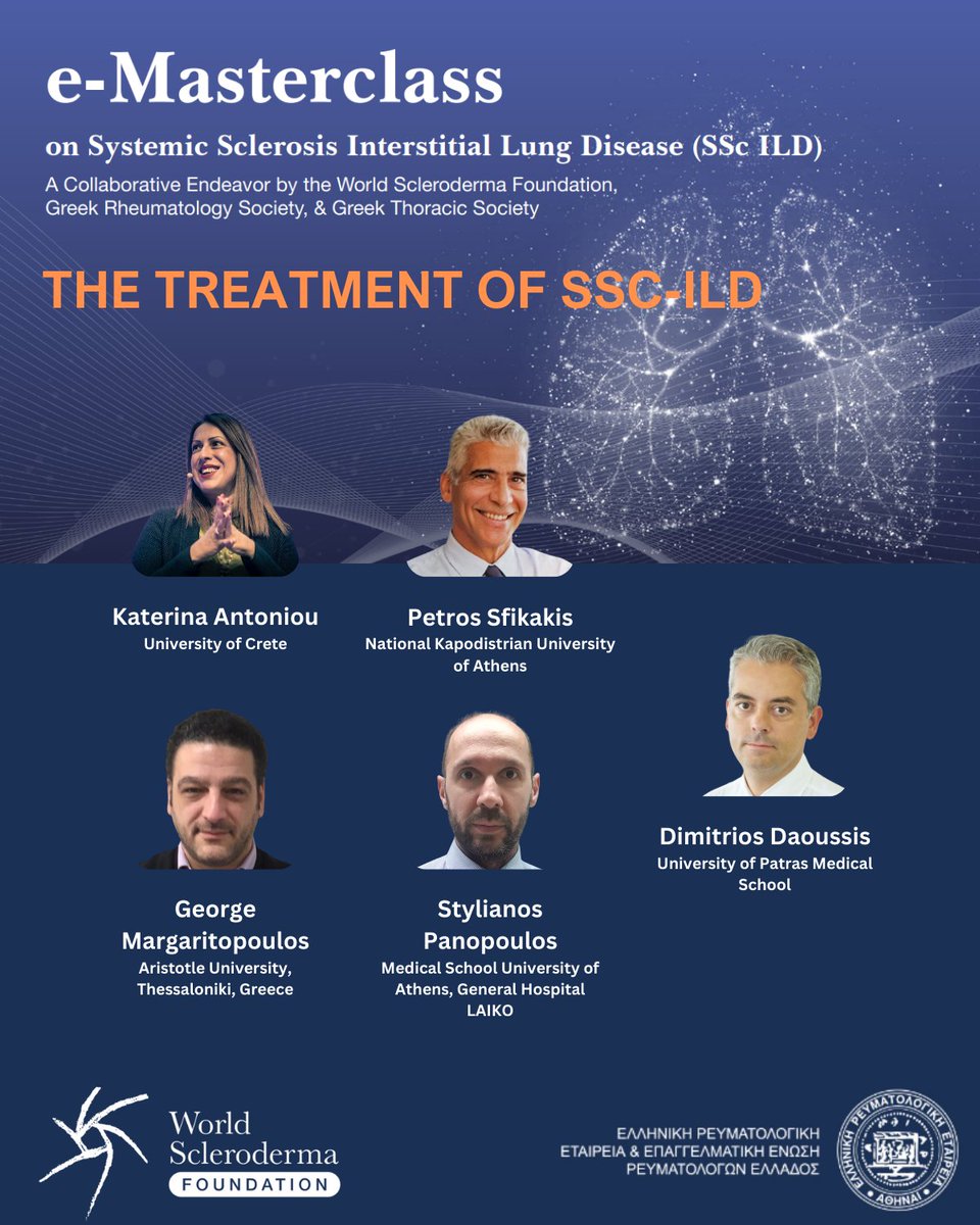 🔬 Session 2: 'The Treatment of SSc-ILD' we address the complexities of immunosuppressants in current practice 💊,👨‍🏫 Chaired by Antoniou, Sfikakis and Daoussis, this session presents the views of Panopoulos, Tocilizumab, Margaritopoulos and Daoussis.