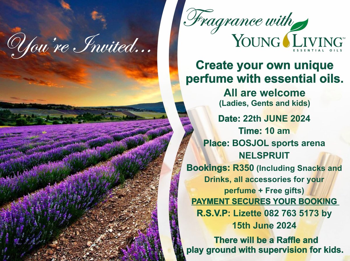 Fragrance with Young Living Essential Oils - Nelspruit Mpumalanga - You are invited to create your own unique perfume with essential oils. All are welcome. Payment secures your booking contact Lizette 0827635173. Book Now!

#essentialoils #youngliving #younglivingessentialoils
