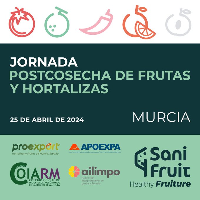 25/4 Jornada Postcosecha de Frutas y Hortalizas en Murcia ⏰16 h. 📍Hotel Nelva. Murcia Aún no te has inscrito? 🖍️n9.cl/zo816 Organiza @Sanifruit1 y @COIARM #Sanifruit #postcosecha #agriculturasostenible