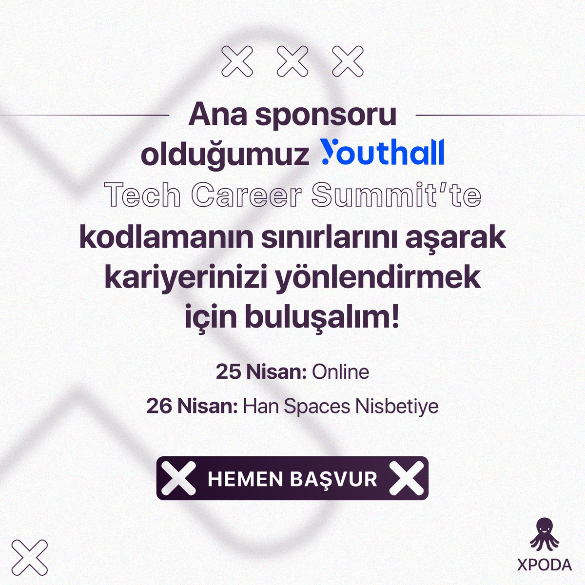 Xpoda olarak Ana Sponsor olduğumuz Youthall Tech Career Summit, 25 Nisan’da online olarak, 26 Nisan’da ise Han Spaces Nisbetiye’de başlıyor. Kodsuz yazılımın yarattığı yepyeni kariyer imkanları ile tanışmak için şimdi kaydolun! Kayıt linki: youthall.com/tr/event/tech-… #xpoda