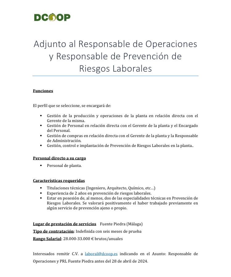🗣️#OfertadeEmpleo | Adjunto al Responsable de Operaciones y Responsable de Prevención de Riesgos Laborales @GrupoDcoop @DcoopSCA