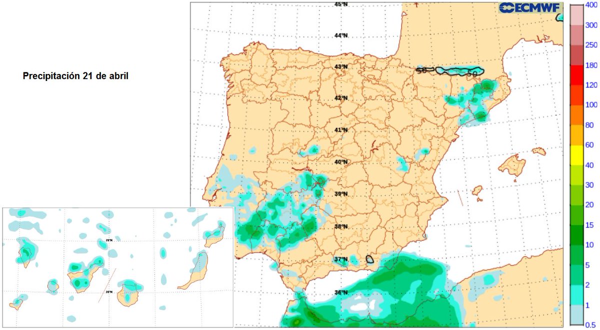 Predicción de fin de semana: 📌 En Canarias, Ceuta, Melilla y cuadrante suroeste peninsular chubascos que podrían estar acompañados de tormenta; el sábado podrían ser de fuerte intensidad. El domingo podrían darse tambien en Cataluña. 📌 Temperaturas normales para esta época.