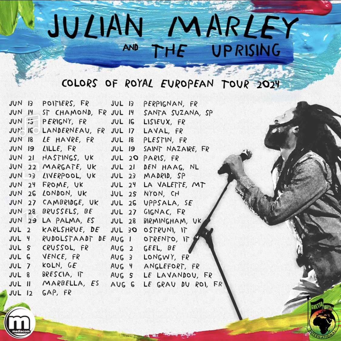 JulianMarley's tweet photo. The Uprising & I will be bringing the Color’s of Royal Tour to Europe this summer in collab with @MediaComfrance
Catch The Uprising & I
Touring - 🇫🇷🇬🇧🇧🇪🇩🇪🇮🇹🇪🇸🇳🇱 bringing you the sounds from my catalogue & my latest Grammy Award Winning album Color’s of Royal.
🎨: @matthew_sm310 https://t.co/MIWqzgNfRv