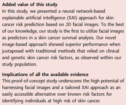 Predicting skin cancer risk from facial images with explainable artificial intelligence (XAI) based approach: a proof-of-concept study XAI approach achieved superior predictive accuracy based on 2D facial images, outperforming that of known risk factors thelancet.com/journals/eclin…