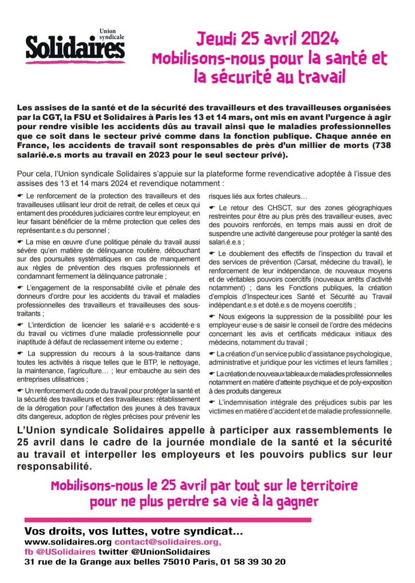 Mobilisons-nous pour la santé et la sécurité au travail le jeudi 25 avril, partout sur le territoire pour ne plus perdre sa vie à la gagner! #25avril #accidentdetravail #assisesdelasantéautravail solidaires.org/sinformer-et-a…