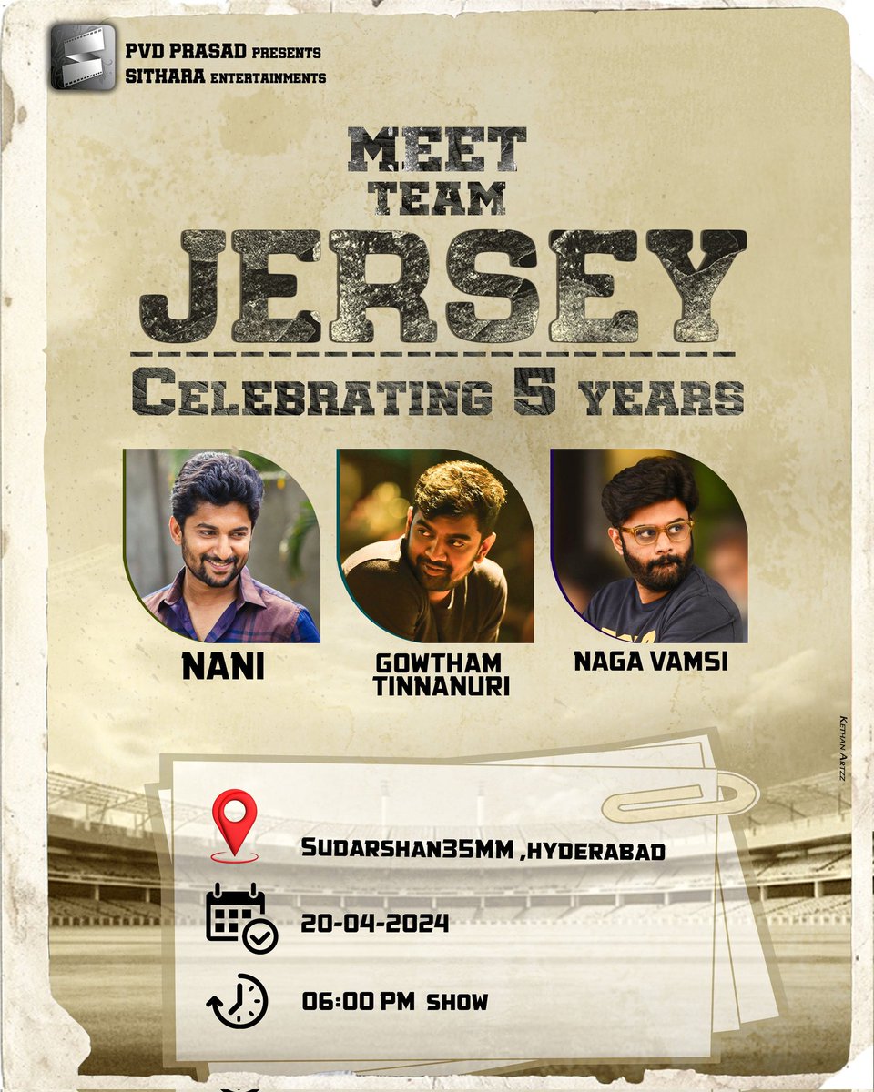 Team #JERSEY to visit #Sudarshan35MM Theatre Tomorrow @ 6:00 PM to celebrate 5th Year Anniversary ❤️🔥

#JerseySpecialShows #5YearsForClassicJersey

@NameisNani @gowtam19 @ShraddhaSrinath @anirudhofficial @vamsi84 @SitharaEnts 

#Nani
