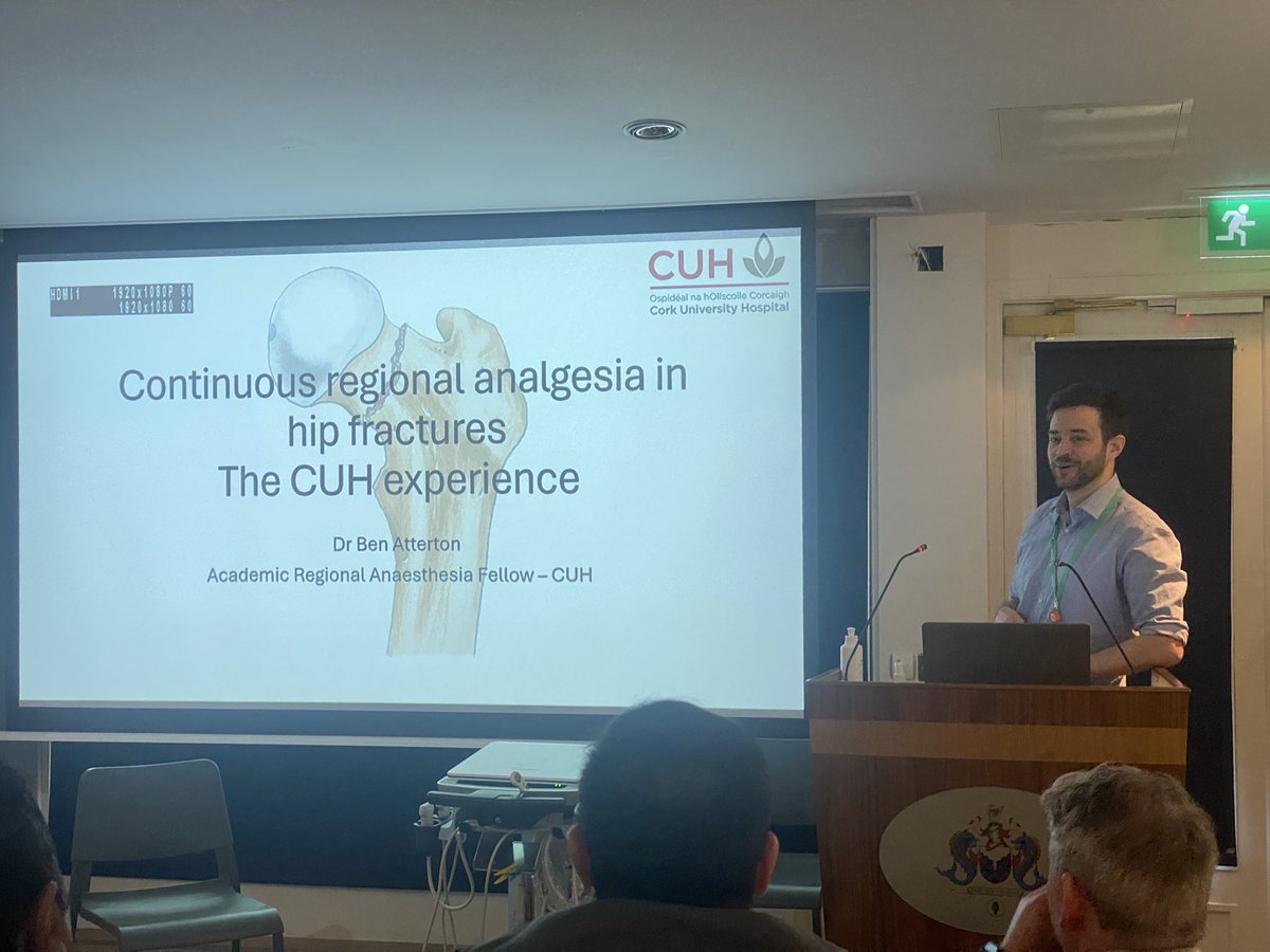 Dr Ben Atterton, academic RA fellow <a href="/CorkAcad/">CorkAcadRegAnaes</a> presenting their institutional experience in using continuous RA in hip fractures, and the work underway to improve care for these patients.

A fantastic way to round up the morning session of <a href="/ISRA_Ireland/">ISRA</a> update day 2024 @COAIrl
