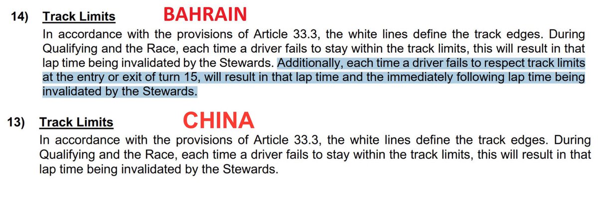 Bahrain: Failing to stay within tracklimits will result in that lap time and the following lap time being deleted. China: Failing to stay within tracklimits will result in that lap being deleted Formula 1 is at a point where apparently the stewards dont know which regulations