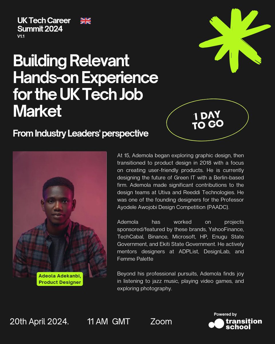 We're just one day away!

We're super excited!!🥳💃

How excited are you??

Yet to register?

Click the link below to register for FREE now.
summit.uktechcareer.com

#tech #techie #techsummit #uk #uktech #uktechcareersummit #ukjobs #techtraining #techtransition #transitionschool