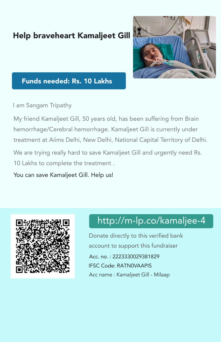 Help braveheart Kamaljeet Gill Support Kamaljeet, a dedicated leader of Ola, Uber drivers in Delhi, now fighting for his life due to a brain hemorrhage, urgently needing funds for medical treatment at AIIMS Hospital. Read more - m-lp.co/kamaljee-4?utm…