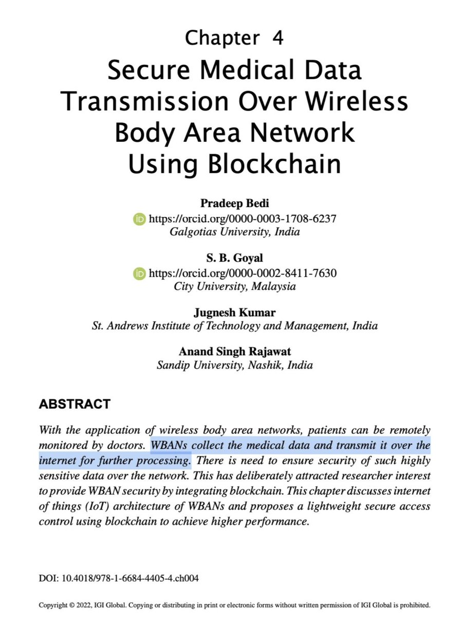 'WBANs collect the medical data and transmit it over the  internet' 

#RemotePatientMonitoring

#Blockchain 

#MedicalBodyAreaNetwork

IEEE 802.15.4

IEEE 802.15.6

x.com/CorinneNokel/s…