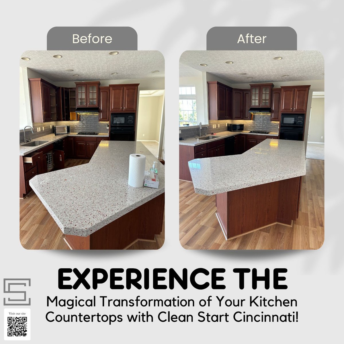 Do you see the difference in the above two pictures? Because we do! Want to experience the same magic happening to your kitchen countertops too? Don't worry, we've got you covered. 
.
Book us now at cleanstartcincinnati.com/about-us/
.
#cleanstartcincinnati #kitchencountertops
