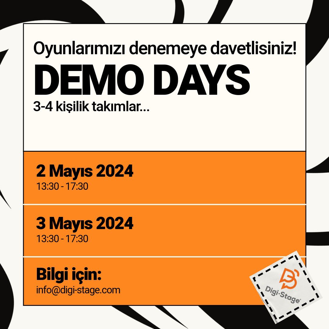 Mayıs ayı Demo Day takvimi belli oldu! Oyunlarımızı deneyimlemek için info@digi-stage.com’ dan randevu oluşturun, bu keyifli organizasyonda takımınızla yerinizi alın!