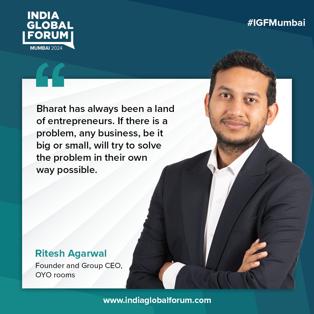 At #IGFMumbai, @riteshagar of @oyorooms highlighted the entrepreneurial spirit of Bharat. He emphasised 3 factors that are boosting #NewIndia’s change: ▶️ Technology Revolution ▶️ Access to Capital ▶️ Access to Knowledge Watch Here: indiaglobalforum.com/igf_details.ph… #NewIndia #Startup