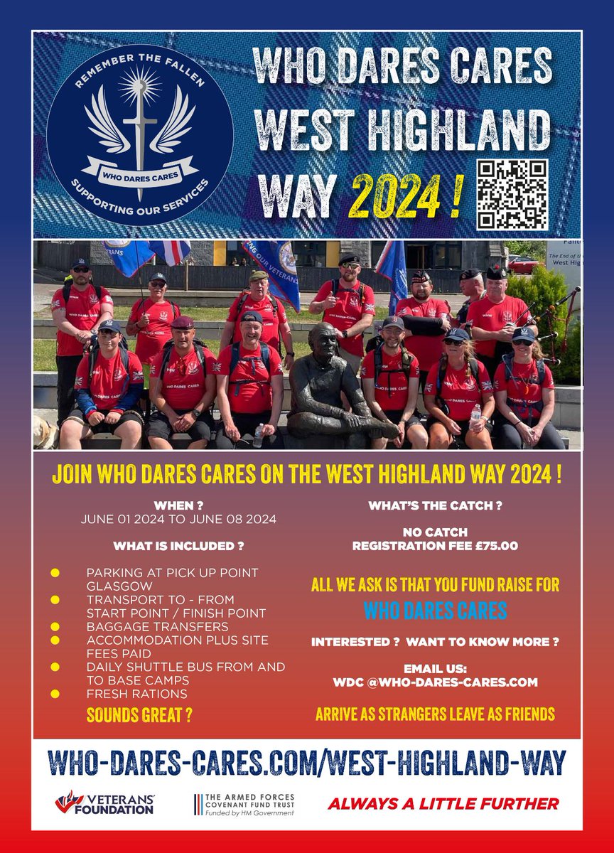 Neil X (@thebroonster) on Twitter photo There's a couple of spaces left on the <a href="/who_dares_cares/">Who Dares Cares</a> West Highland Way 2024 challenge walk. You don't need to be a veteran to take part either. Fancy it? 👇
#AlwaysALittleFurther There's a couple of spaces left on the <a href="/who_dares_cares/">Who Dares Cares</a> West Highland Way 2024 challenge walk. You don't need to be a veteran to take part either. Fancy it? 👇
#AlwaysALittleFurther