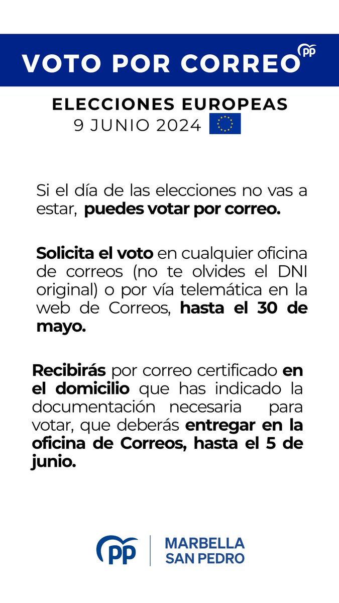 PPMarbellaSP's tweet photo. 🗳️🇪🇺  Ya puedes solicitar "tu voto por correo" para las próximas elecciones europeas #9J 

👇 recuerda los pasos a seguir https://t.co/dC6e6W3bu8