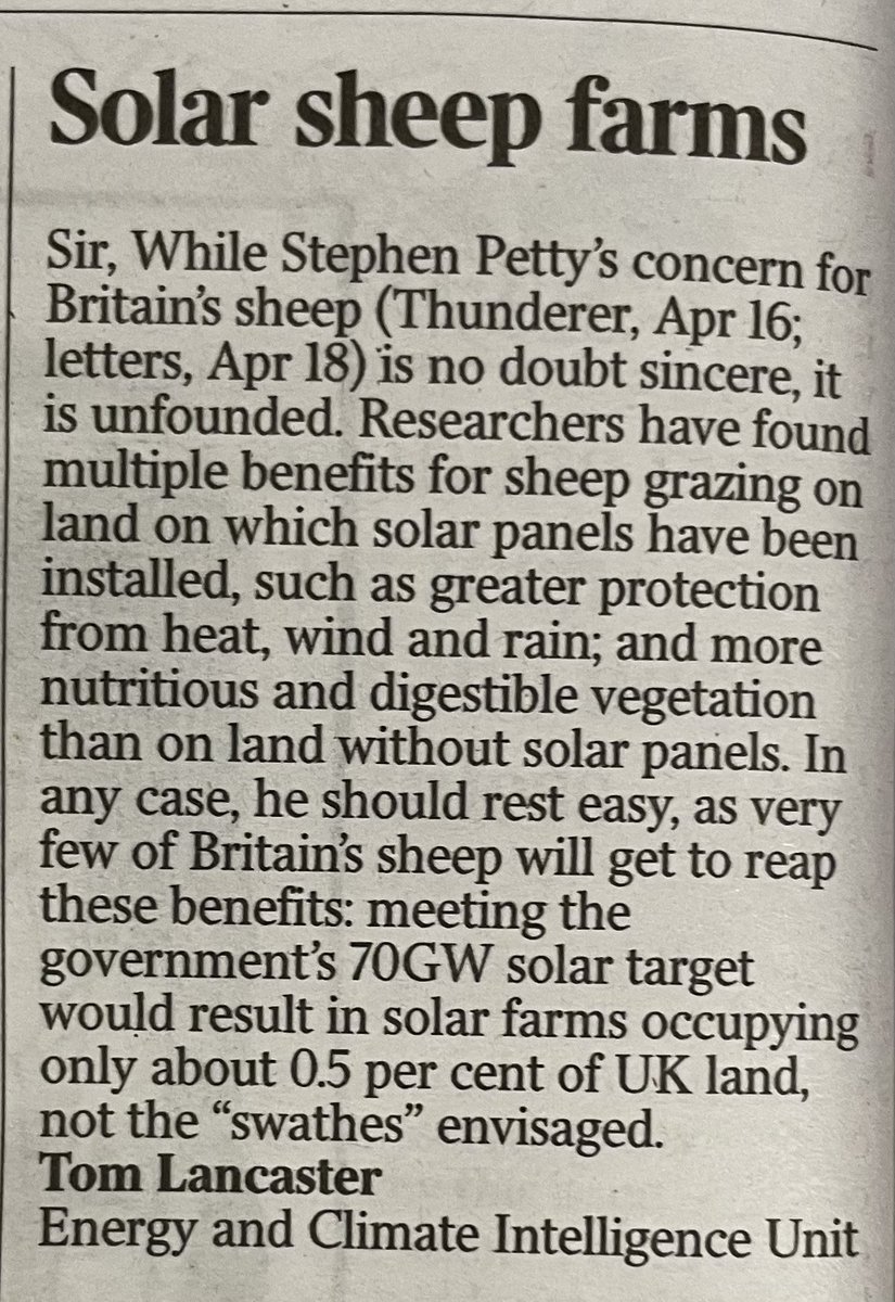 We did a letter to the @thetimes on the tragedy that so few sheep will get to enjoy the shade and shelter of solar panels

🐑 😢

@ECIU_UK