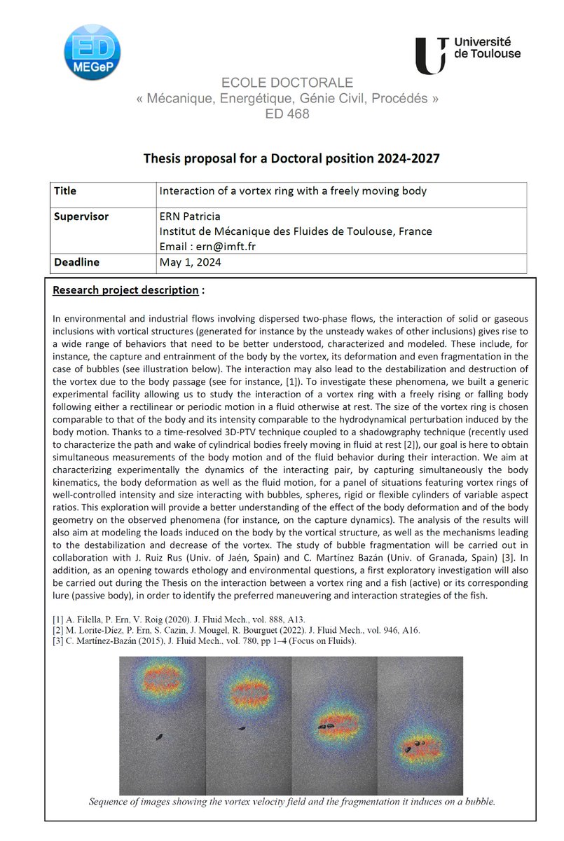 javier_twin's tweet photo. Our colleagues at the IMFT are looking for an enthusiastic #PhDCandidate with a strong interest in experimental #FluidMechanics for a 3-years PhD Studentship!! 
Contact the supervisor by email (see picture) for questions!!
@PhDVoice @PostdocVoice @mefluife_ujagr https://t.co/YfdB4Ycix7