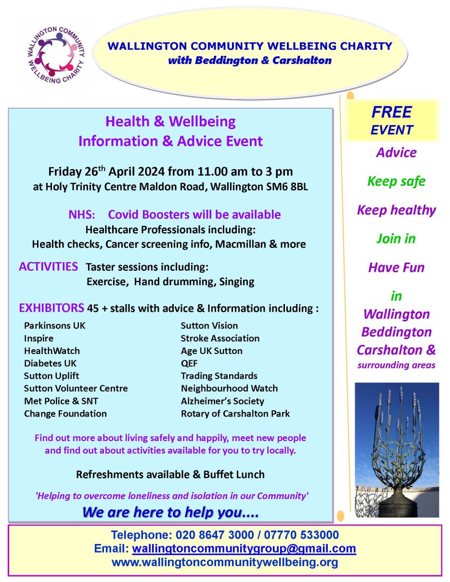 Meet some of our amazing colleagues from the voluntary and #community sector in #Sutton at the Wallington Community Wellbeing #Health and #Wellbeing Information and Advice event on 26th April from 11am at the Trinity Centre, #Wallington.

See flyer for more information