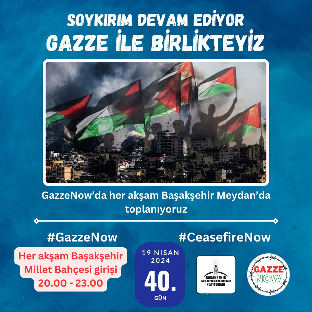 Gazze'de soykırım devam ediyor.
Gazze'yi unutma.
GazzeNow 40. gününde nöbetine devam ediyor.
Her akşam Başakşehir meydanında #GazzeNow etkinliğinde buluşuyoruz.