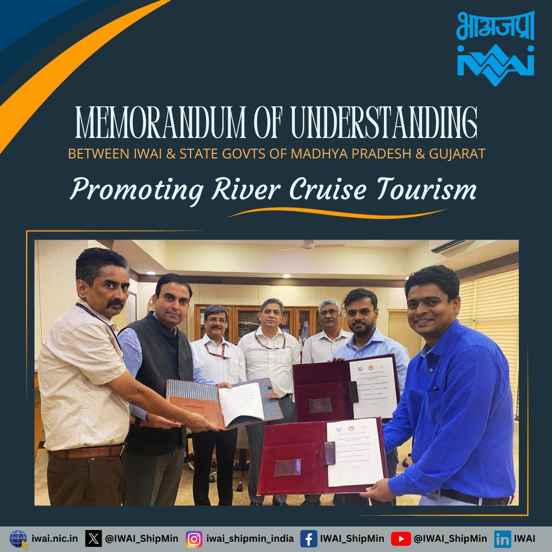 .@IWAI_ShipMin signs MoU with Govt of #MadhyaPradesh & Govt of #Gujarat for development of #cruise #tourism in both states. For this, two #Pontoons have already been floated at #Rajghat in #Barwani 

@MPTourism @PS_MPTourism @GujaratTourism @mygovindia @tourismgoi @shipmin_india