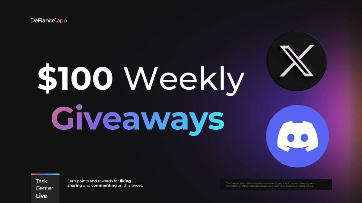 $100 WEEKLY #GIVEAWAYS Become a DeFiant to win. 🎁 $50 Weekly #TaskCenter Winners are DeFiants #46 & #1025 🎁 $5-$50 Weekly #Rumble Winners are DeFiants #117 & #610 Twitter & Discord activity unlocks more ranks to access more 💰! Learn more at: users.DeFiance.app.…