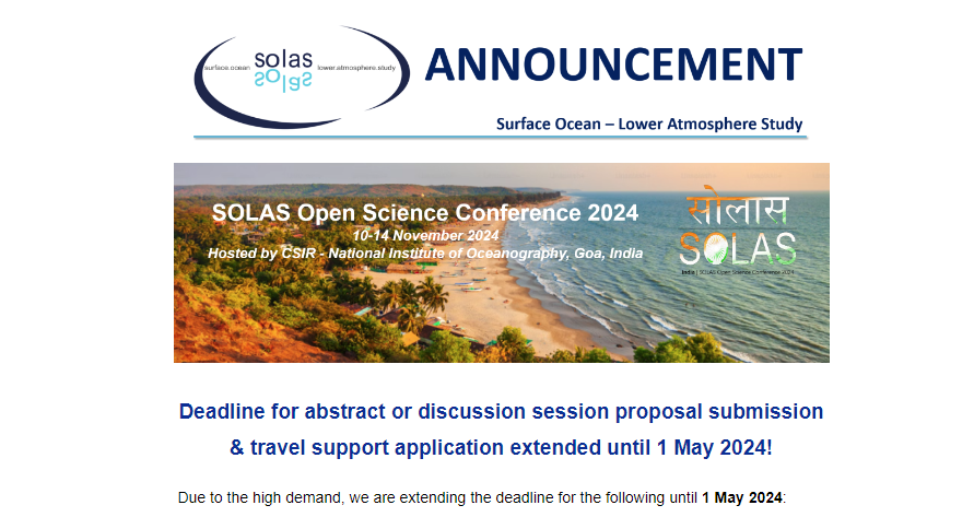 Due to overwhelming interest, the registration deadline for the SOLAS Conference has been extended. Don't miss your chance to join the forefront of ocean-atmosphere research and innovation. Register now to secure your spot! 🌊 #SOLASConference #OceanResearch #DeadlineExtension