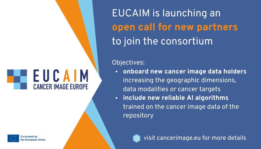 El proyecto #EUCAIM ha lanzado un #OpenCall para incluir nuevos beneficiarios al consorcio #EUCAIM.

Puedes conocer toda la información aquí: cancerimage.eu/open-call/

El 26/04 se celebra un webinar para dar más información.

Inscríbete desde aquí: cancerimage.eu/%f0%9f%93%a2we…