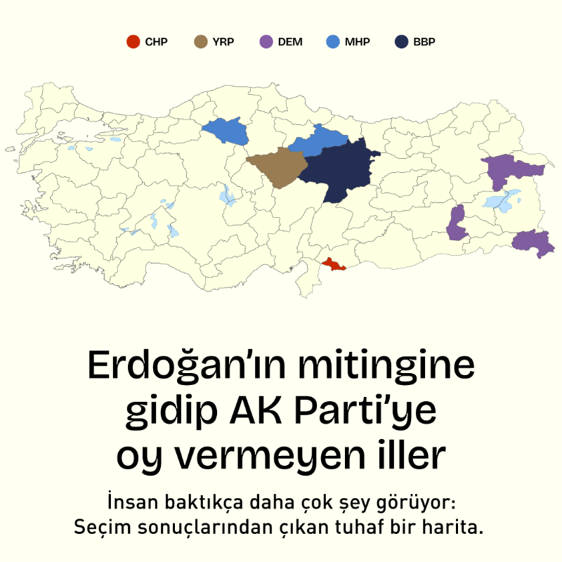 faynstudio's tweet photo. Fayn, 31 Mart 2024 yerel seçimlerinin kampanya sürecinde Erdoğan'ın mitinglere katıldığını açıkladığı kişi sayısı ile AKP'nin o illerde aldığı oy sayılarını karşılaştırdı.

İşte Erdoğan’ın mitingine gidip AK Parti’ye oy vermeyen iller…
