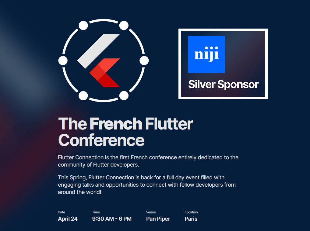 Niji_Digital's tweet image. [#Flutter #Mobile] Rendez-vous mercredi prochain 24.04 pour l&apos;édition française 2024 de la #FlutterConférence avec @Flutter_Connect. Ravi de soutenir cette initiative avec un programme très riche. Détails➡️flutterconnection.io